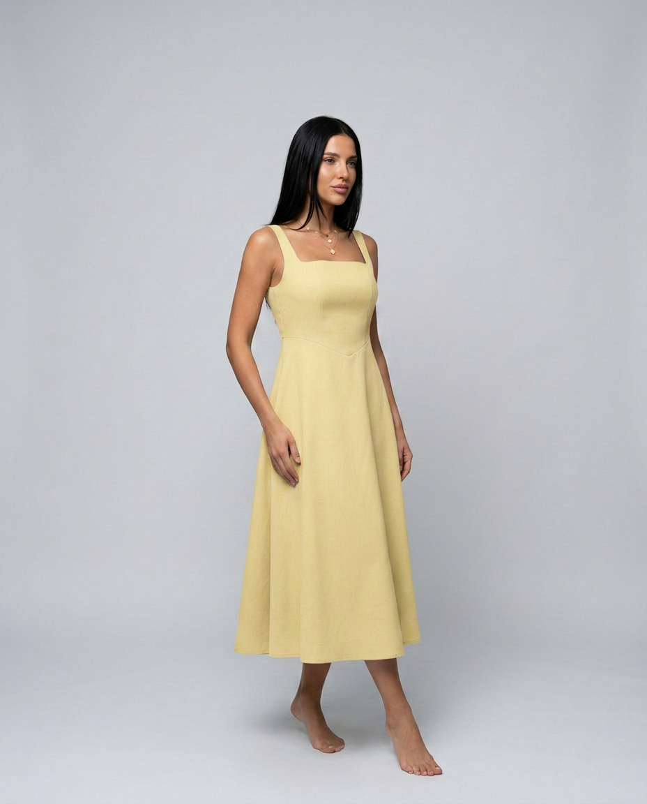 Katina | Midi Dress with Square Neck and A-Line Skirt