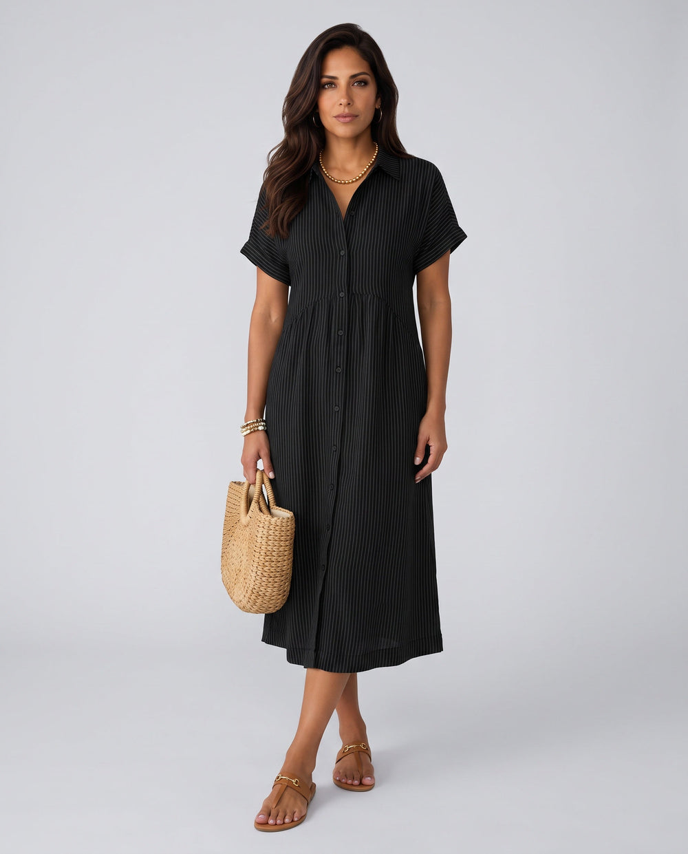 Riley | Striped Button-Up Midi Shirt Dress