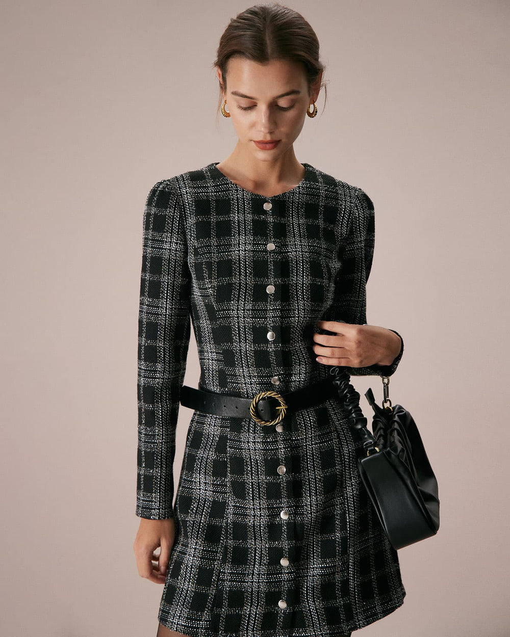 Elin | Crew Neck Plaid A-Line Mini Dress