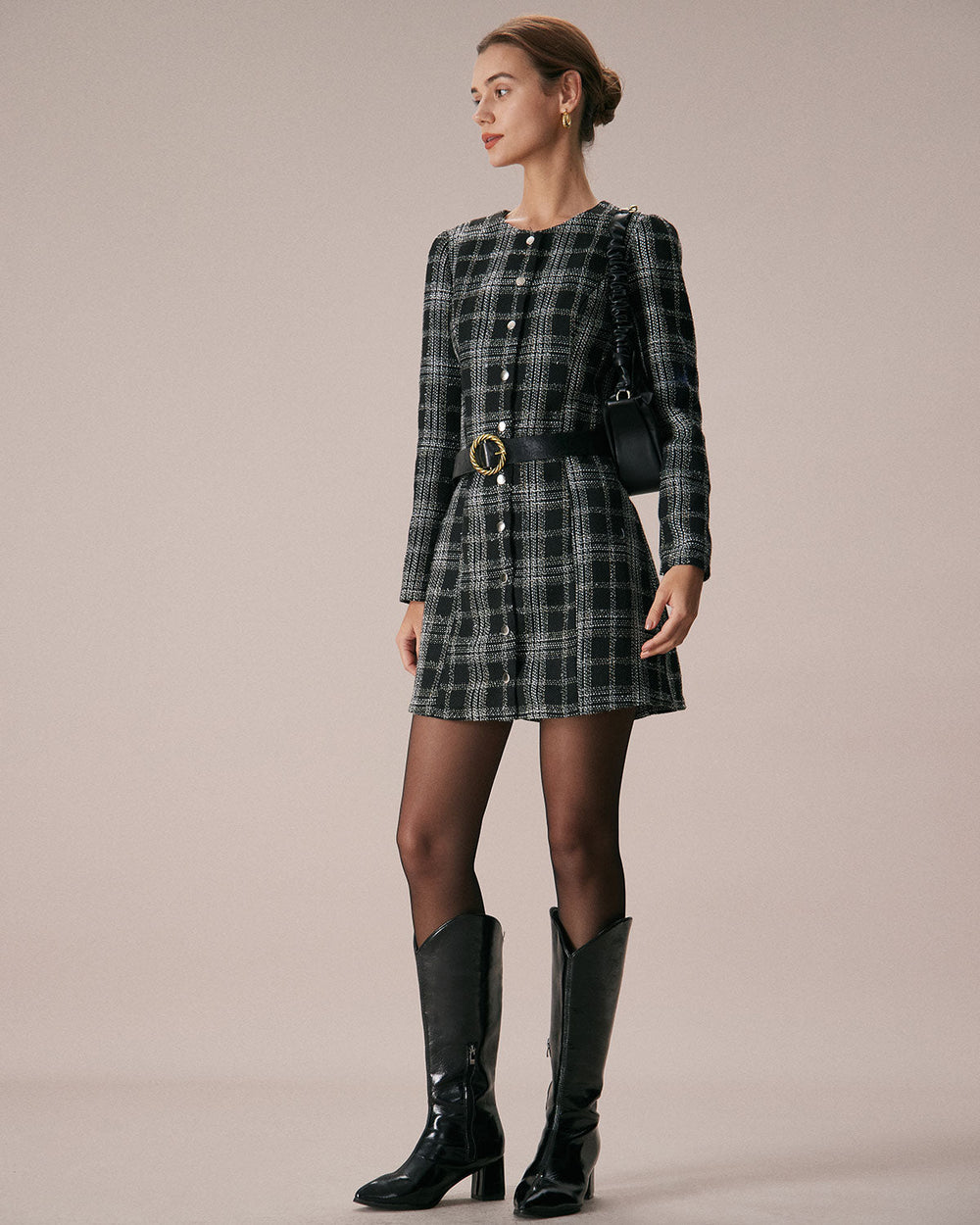 Elin | Crew Neck Plaid A-Line Mini Dress