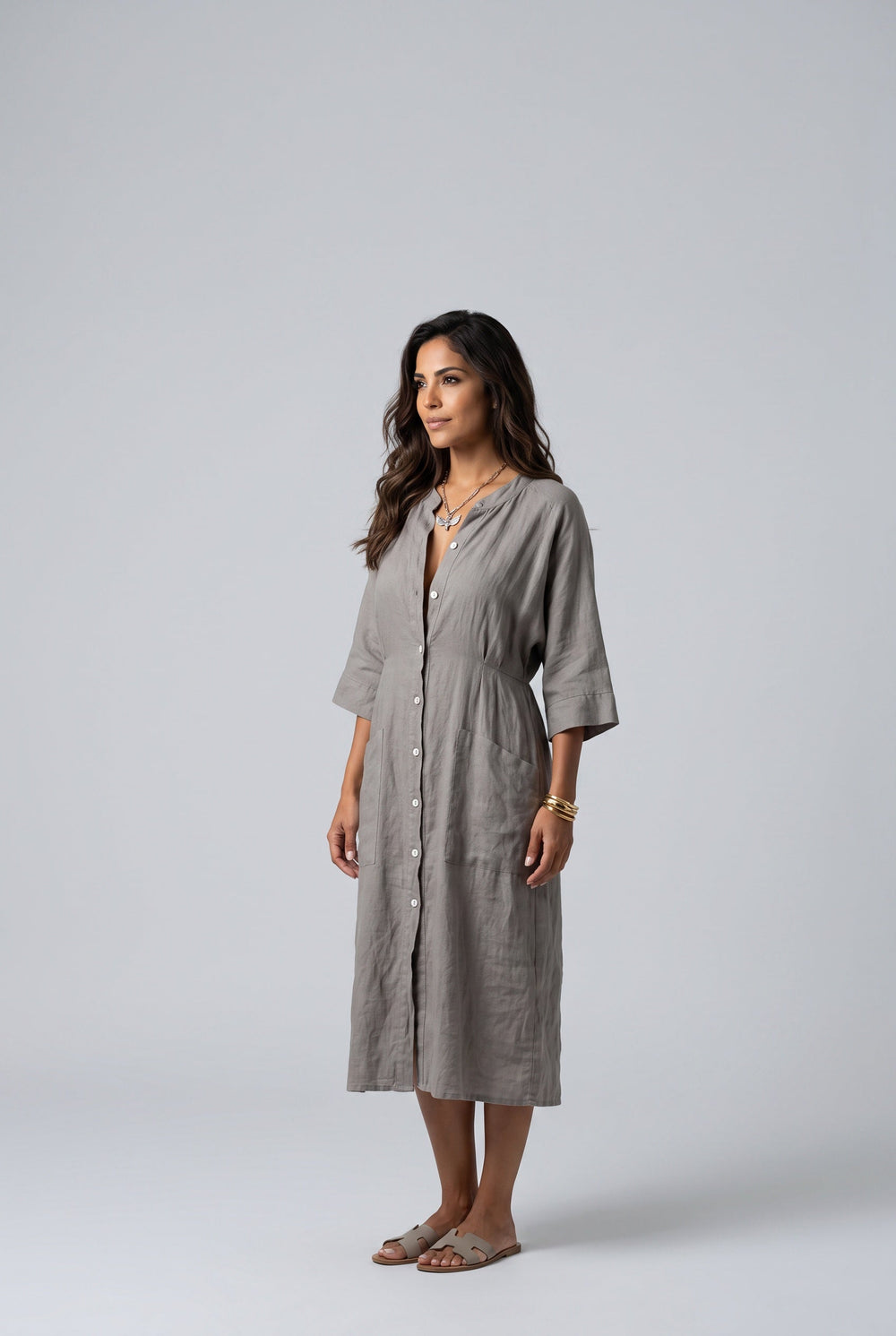 Leticia | Button Front Midi Shirt Dress with Pockets