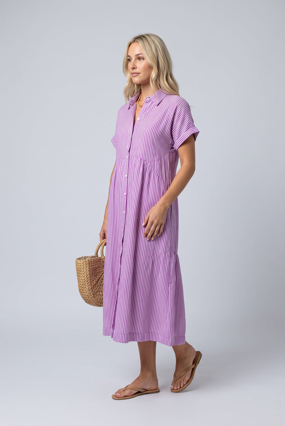 Riley | Striped Button-Up Midi Shirt Dress
