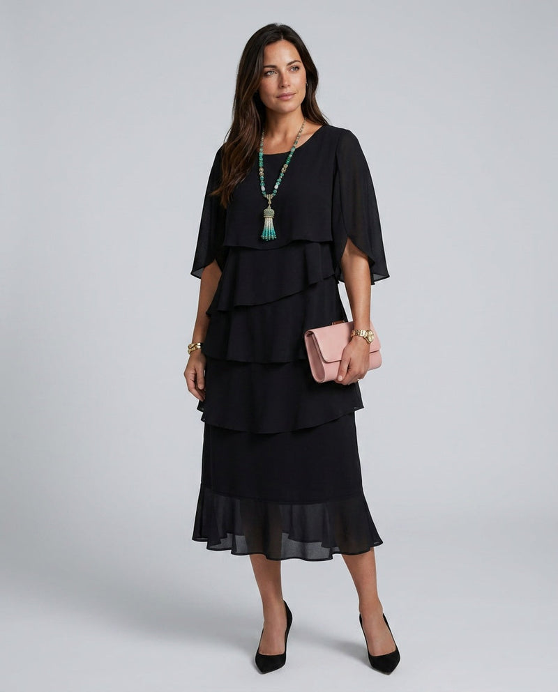 Ines | Layered Cape Sleeve Midi Dress