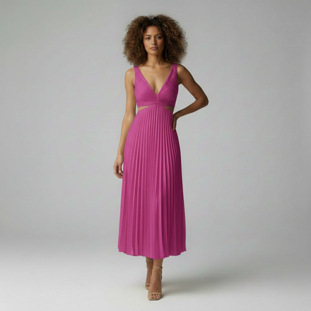 Harlow | V-Neck Pleated Midi Dress