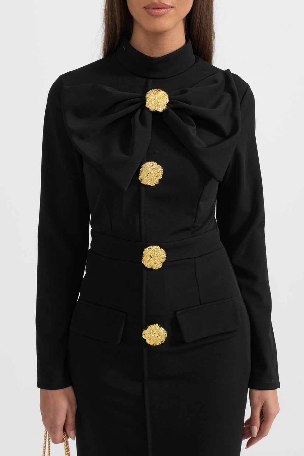 Lena | Bow-Collar Long-Sleeve Midi Dress