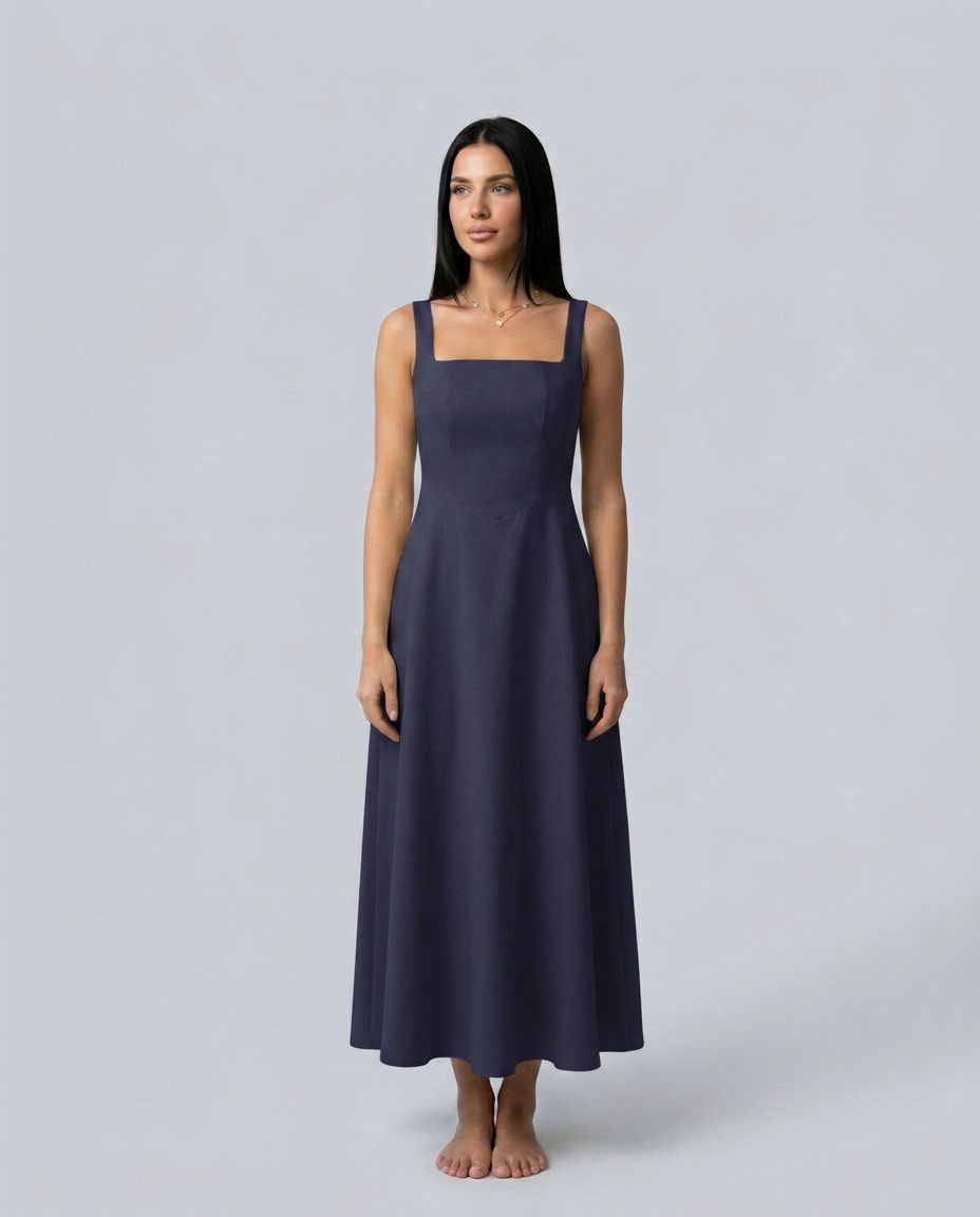 Katina | Midi Dress with Square Neck and A-Line Skirt