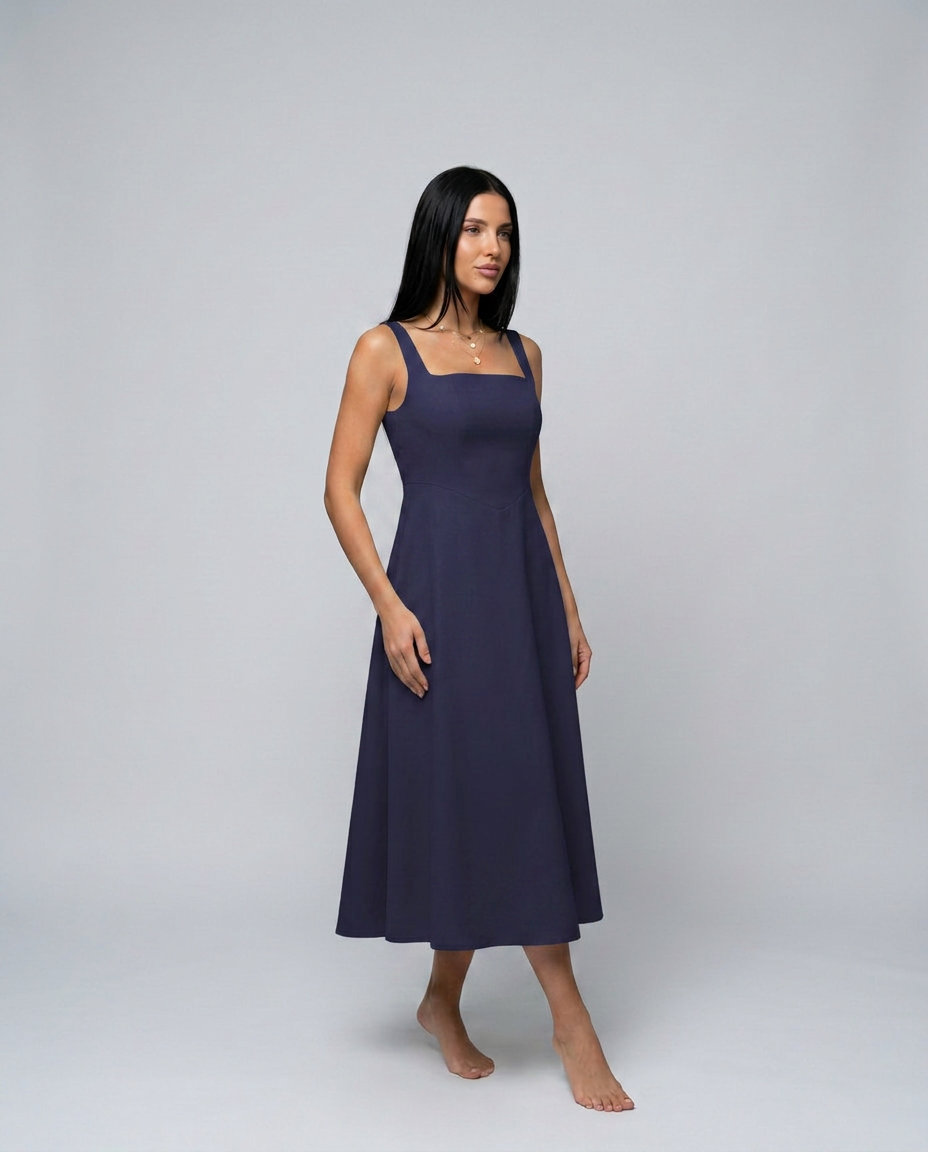 Katina | Midi Dress with Square Neck and A-Line Skirt
