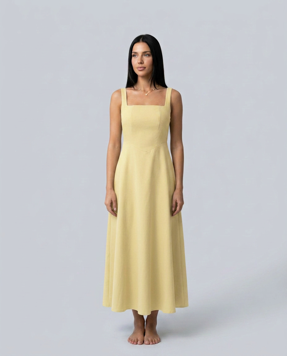 Katina | Midi Dress with Square Neck and A-Line Skirt