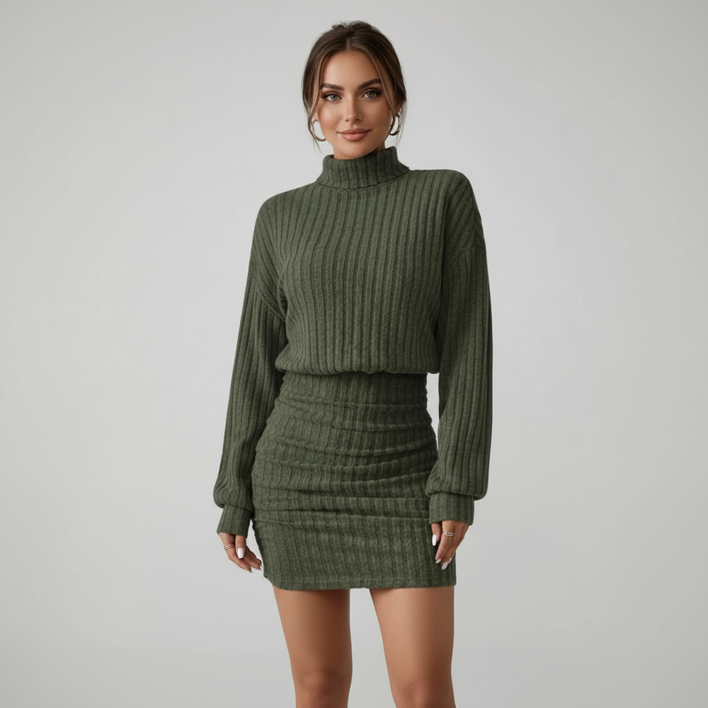 Ottilie | Long Sleeve Ribbed Turtleneck Midi Dress