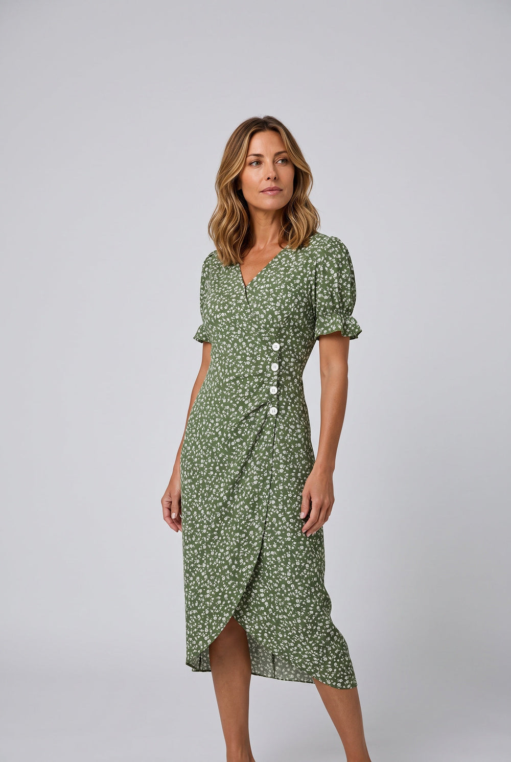 Greta | V-Neck Wrap Short Sleeve Midi Dress