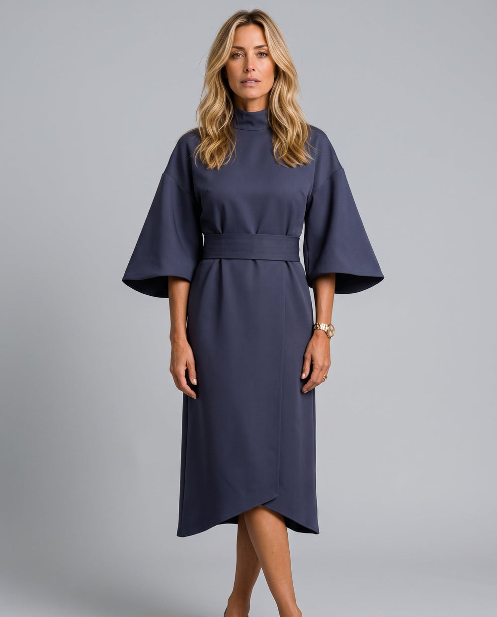 Esme | Wide Sleeve Belted Round Neck Midi Dress