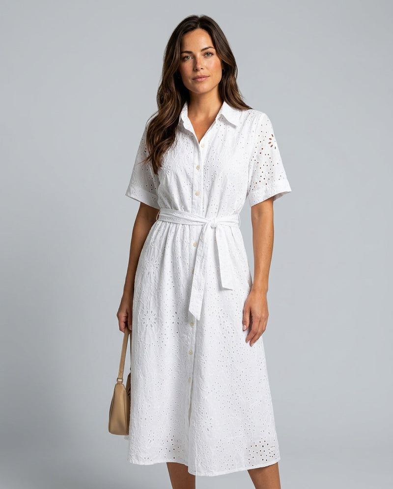 Josie | Short Sleeve Button-Front Waist-Tie Midi Dress