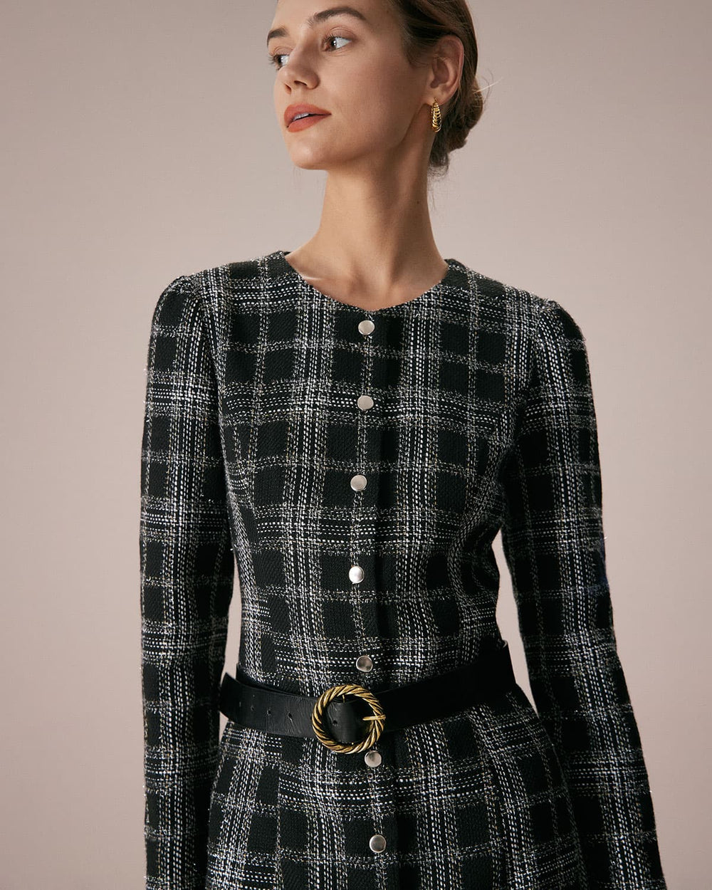 Elin | Crew Neck Plaid A-Line Mini Dress
