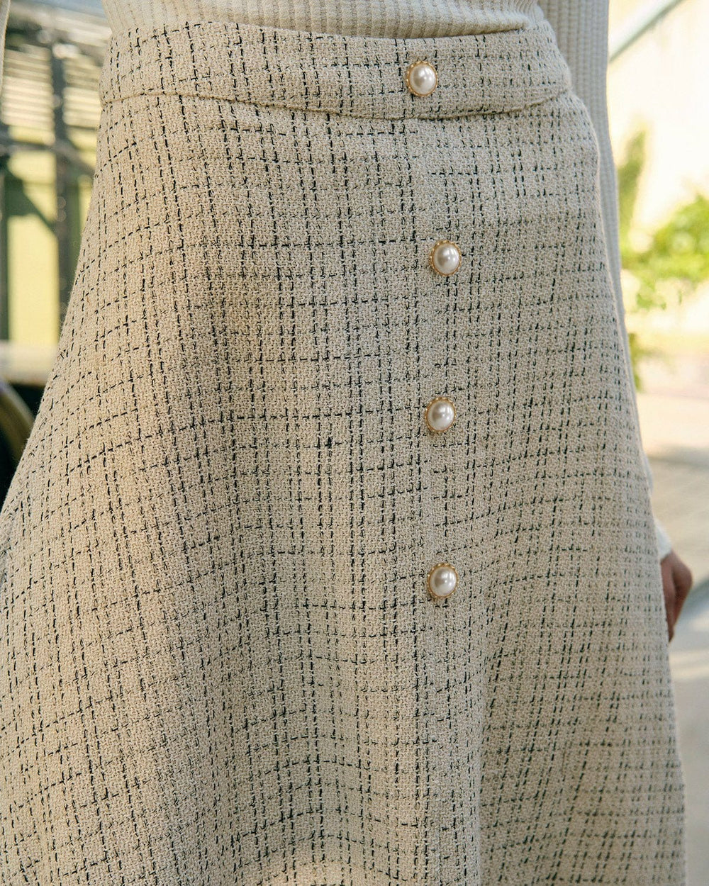Ines | High Waist Pearl Button Tweed Midi Skirt