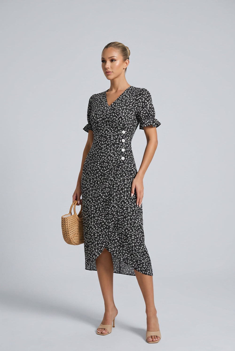 Greta | V-Neck Wrap Short Sleeve Midi Dress