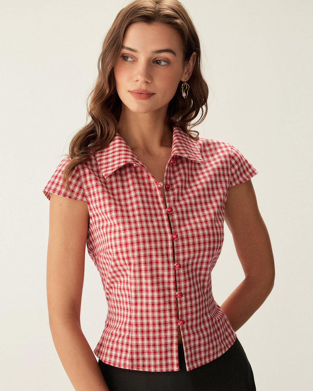 Celeste | Cap Sleeve Plaid Button Blouse