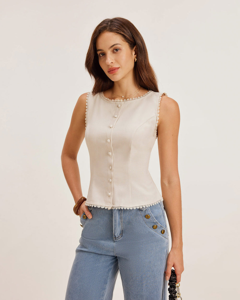 Priya | Sleeveless Boat Neck Button Vest