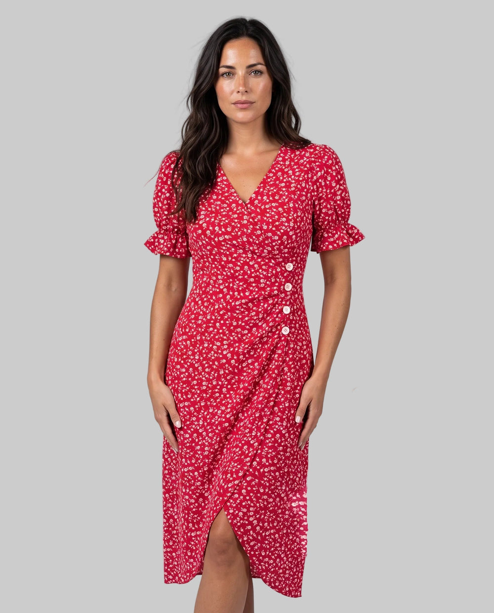Greta | V-Neck Wrap Short Sleeve Midi Dress
